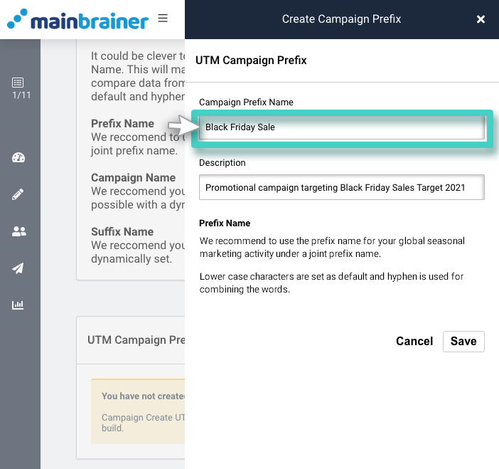 Create UTM template. Campaign prefix name field is highlighted