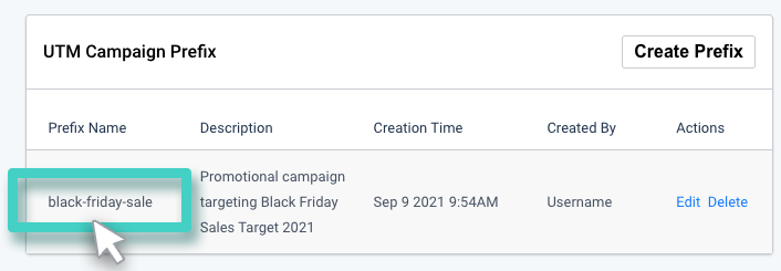 Create UTM template, utm campaign prefix section. Prefix name is highlighted
