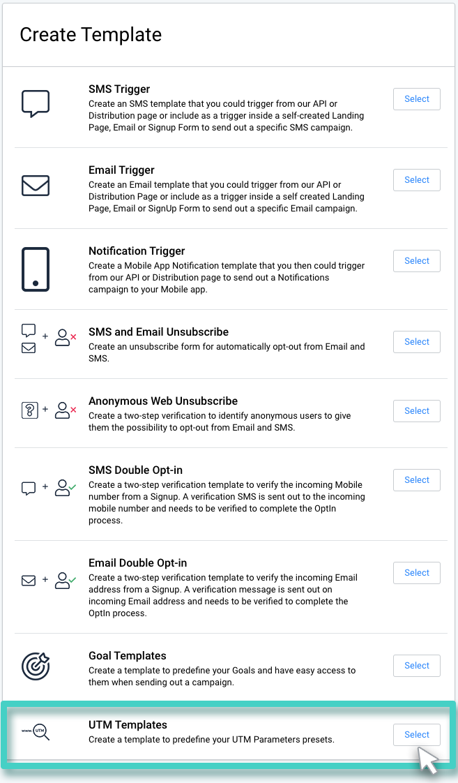 Create UTM template. The select UTM templates button is highlighted