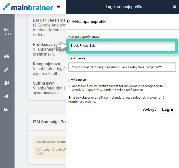 Opprett UTM-mal. Feltet for navn på kampanjeprefiks er uthevet