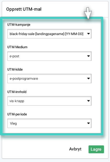 Opprett UTM-mal. Velg UTM-kampanje, UTM-medium og UTM-kilde