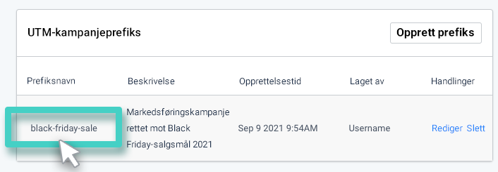 Opprett UTM-mal, utm-kampanjeprefiksseksjon. Prefiksnavn er uthevet