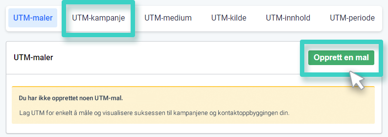 Opprett UTM-mal. Opprett mal-knappen er uthevet