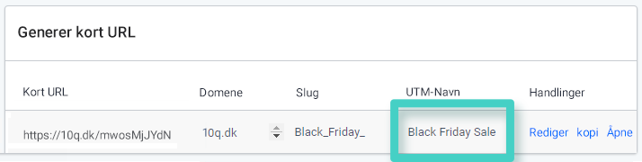 Landingsside UTM-koder, kort URL. UTM-navnet er uthevet
