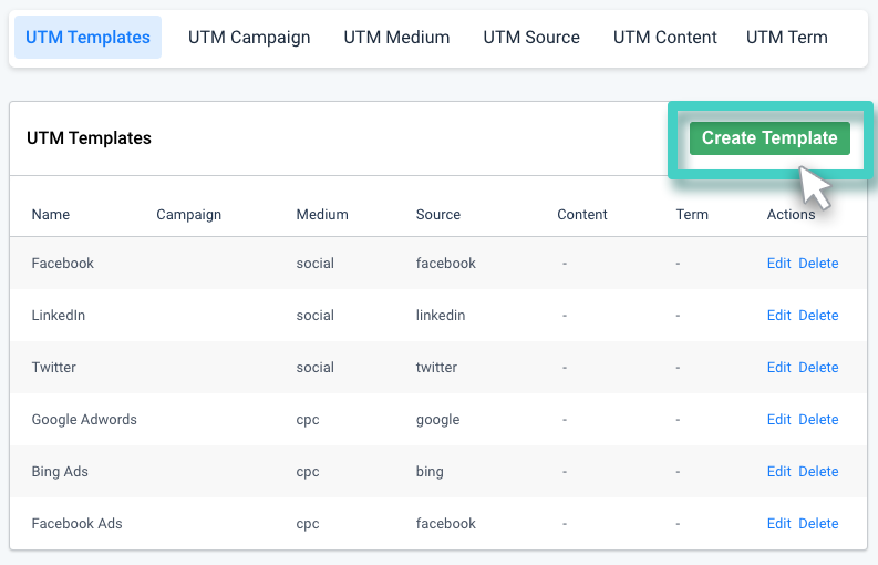 Create UTM template, utm templates overview. The create template button is highlighted