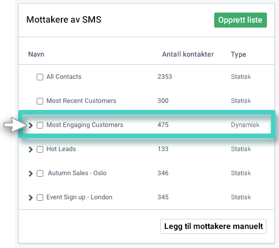 SMS-kampanjemottakere. Listeoversikt. En liste er uthevet