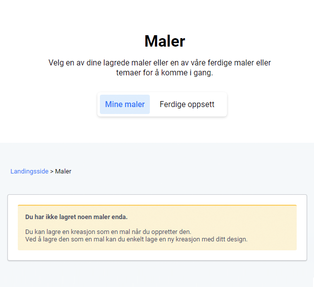Ny landingsside, maler. Det er en melding om ingen lagrede maler