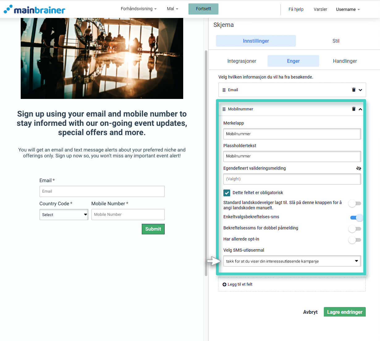 SMS-utløsermal, landingssidebygger. Innstillinger for registreringswidget, mobilnummer
