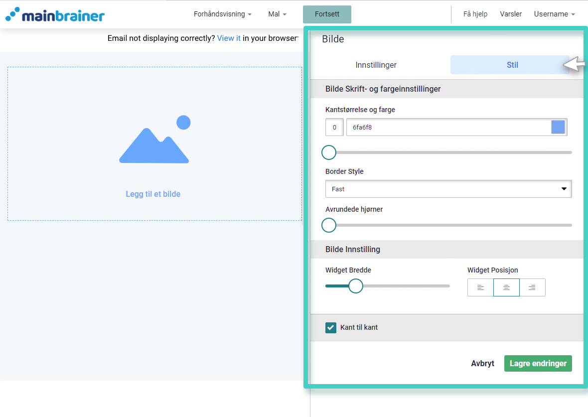 Image widget styling E-postskaper, stilinnstillinger for bildewidget
