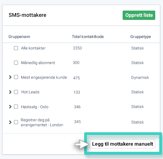 SMS-kampanje, SMS-mottakere. Knappen Legg til mottakere manuelt er uthevet