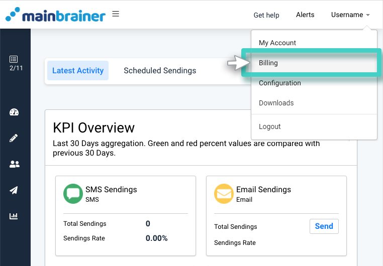 The billing section. Username drop down menu. Billing is highlighted