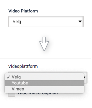 E-postbygger, video-widget. Videoplattformfeltet er uthevet. Youtube er valgt