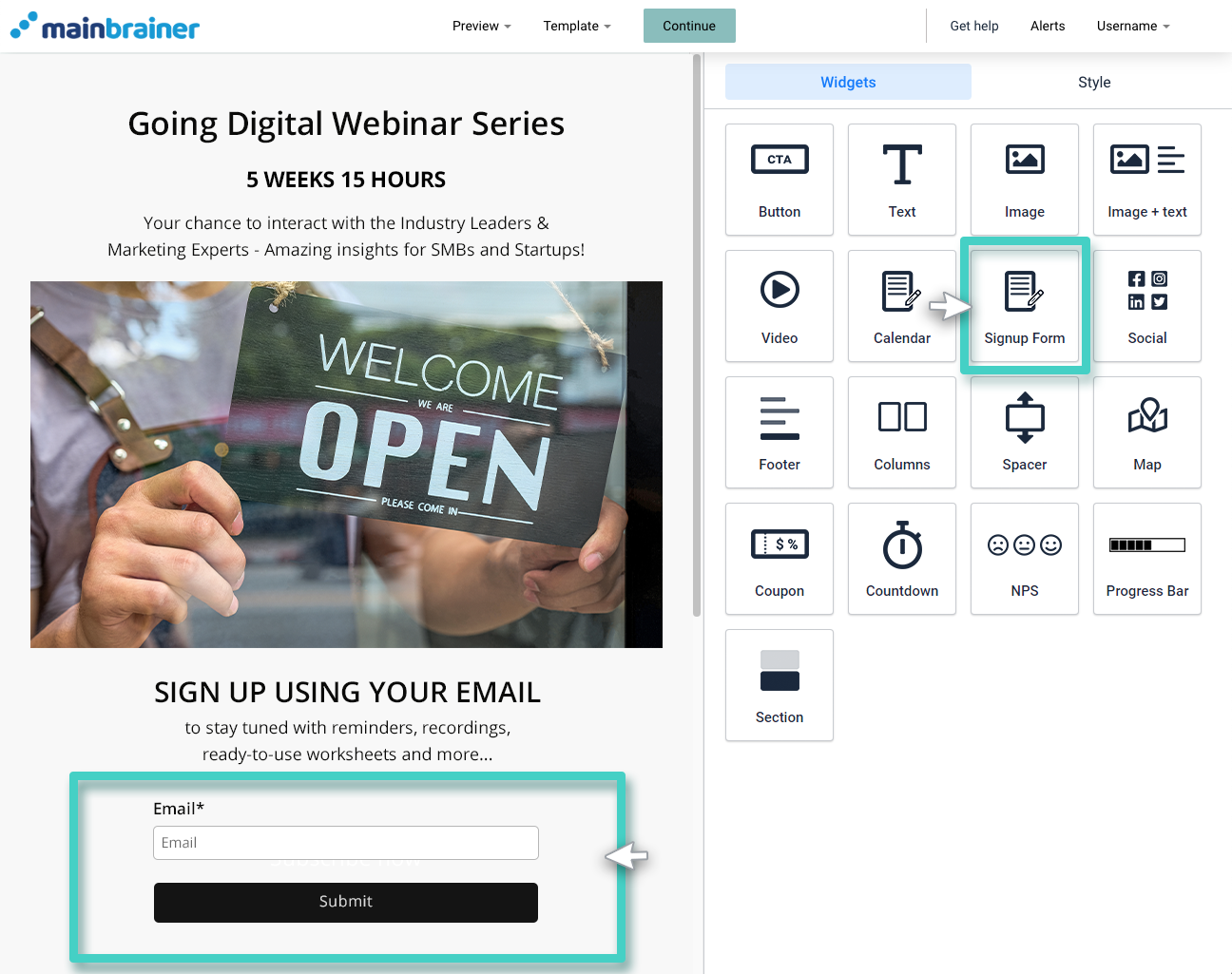 Landing page builder, email signups. Signup form widget highlighted