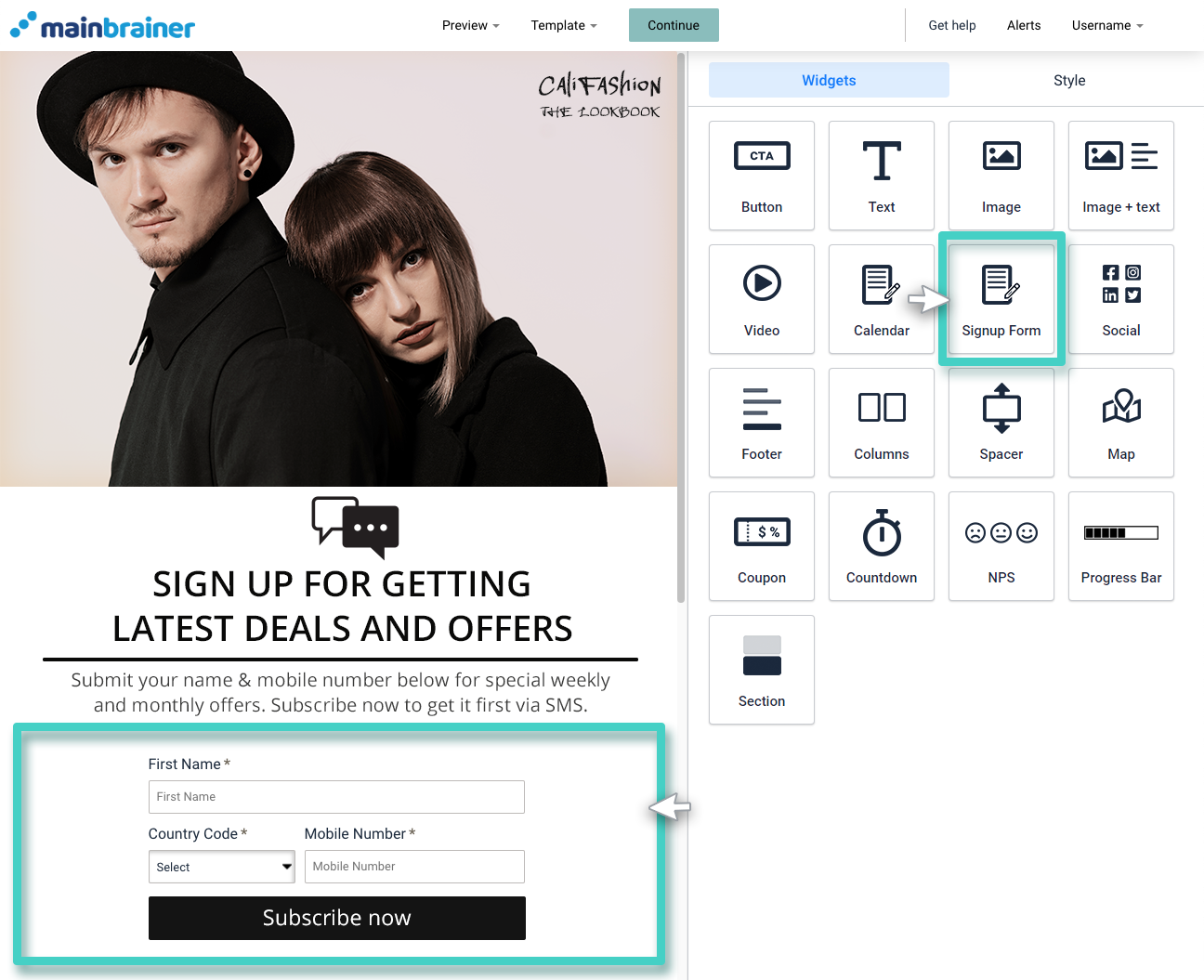 Landing page builder, mobile signups. Signup form widget highlighted