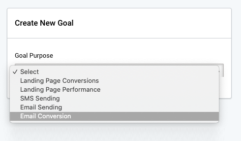 Select goal purpose from a drop down menu. Email conversion is selected