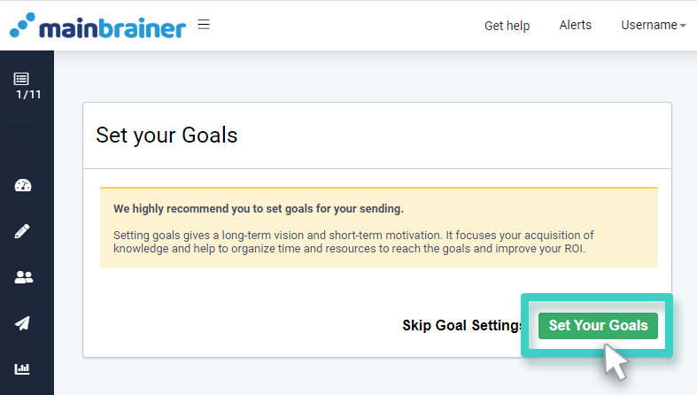 SMS with landing page, set campaign goals. Goals button highlighted