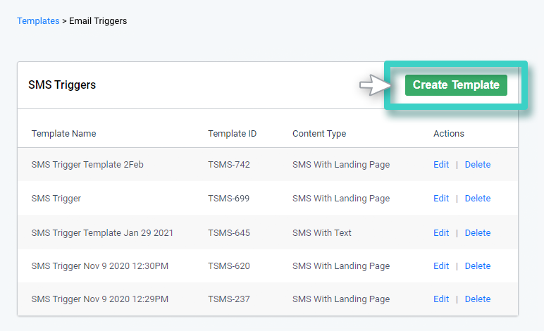 SMS trigger templates. The create template button is highlighted