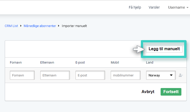 CRM legger til kontakt, importer manuelt. Legg til manuelt-knappen er uthevet