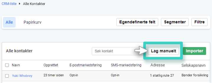 CRM, alle kontakter. Legg til manuelt-knappen er uthevet