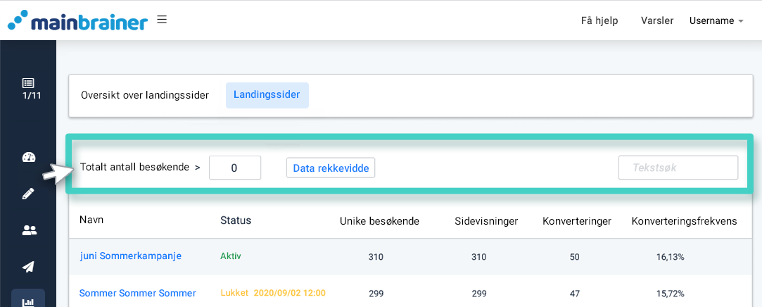 Landingssideinnsikt, filter med besøkende, datoperiode og tekstsøk