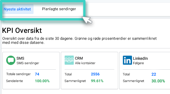 MainBrainer dashbord som viser siste aktivitet