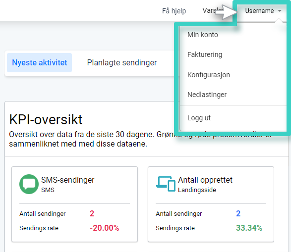 MainBrainer Min konto-meny. Alternativene er Min konto, Fakturering, Konfigurasjon, Nedlastinger og Logg ut