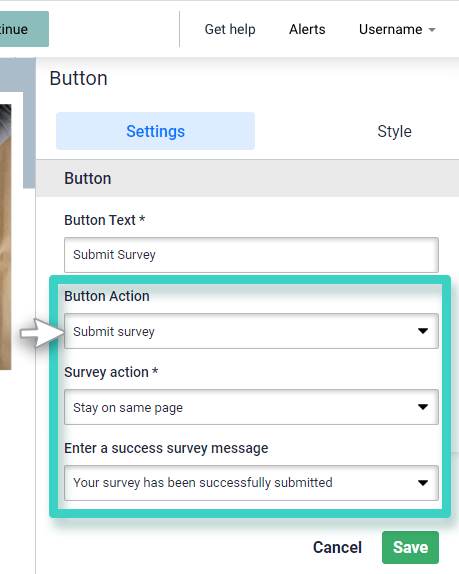 Survey redirect button. Submit survey action is highlighted