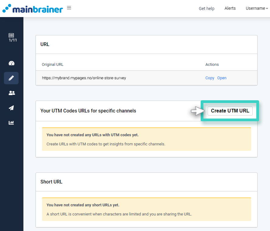 Survey UTM codes. The create UTM url button is highlighted