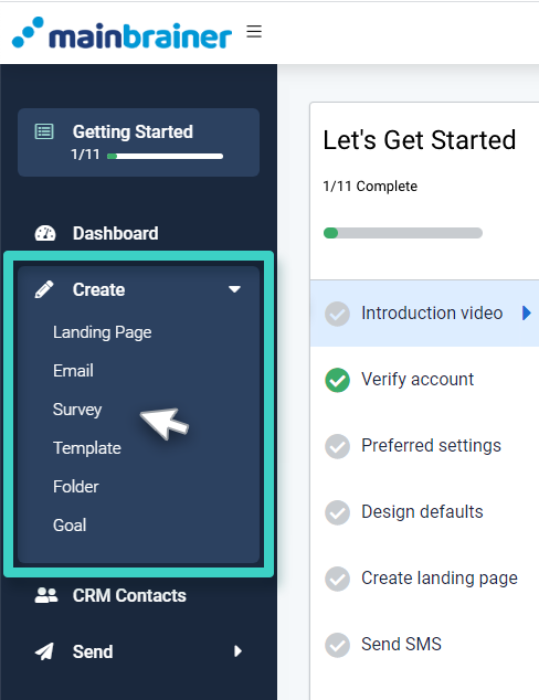 Landing page manager, create menu. Landing page is is highlighted