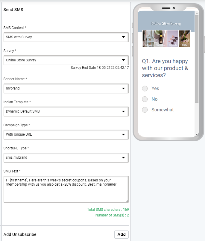 SMS with Survey, SMS editor. SMS with Survey preview