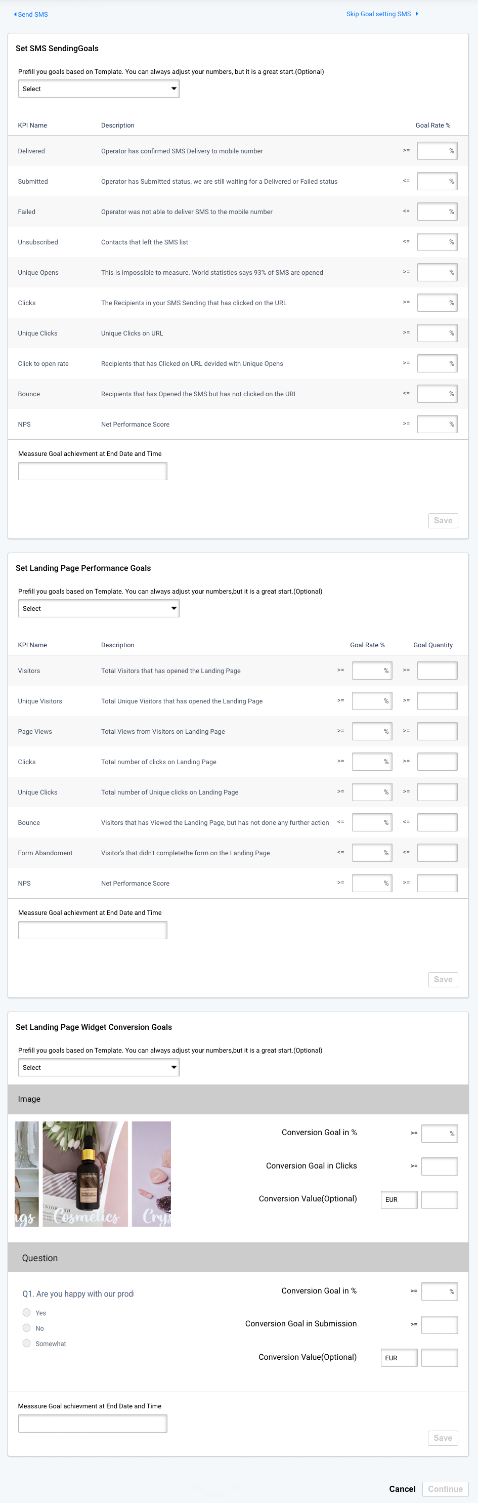 Delivery, performance, and conversion goals for SMS sending with Survey