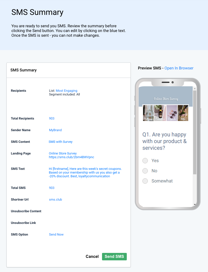 Delivery, performance, and conversion goals for SMS sending with Survey