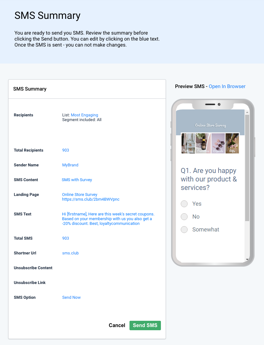 SMS summary. Recipients, sender name, SMS content, Survey and preview