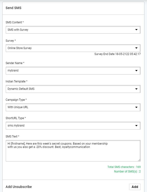 SMS with Survey, SMS editor. Select sender name, SMS content and SMS text