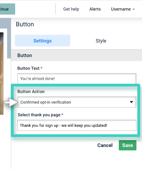 Survey redirect button. Confirm opt-in button action is visible