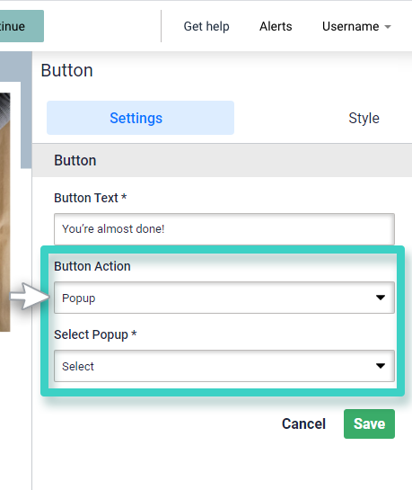 Survey redirect button. Popup button action is highlighted