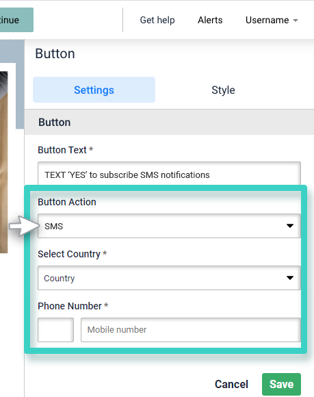 Survey redirect button. SMS button action is highlighted