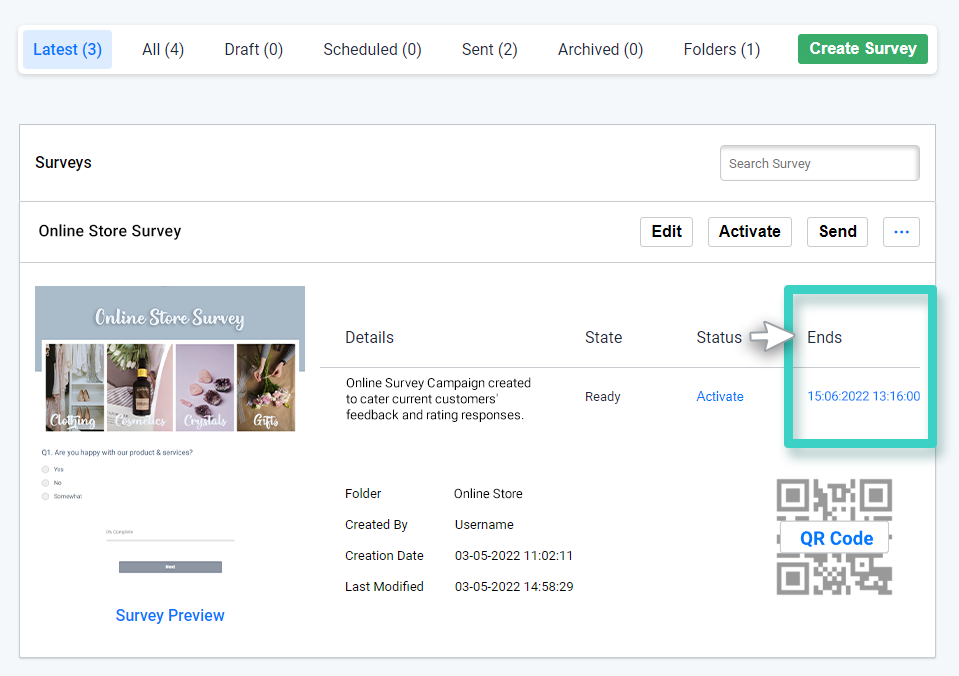 Survey creations, Survey end date and time is highlighted