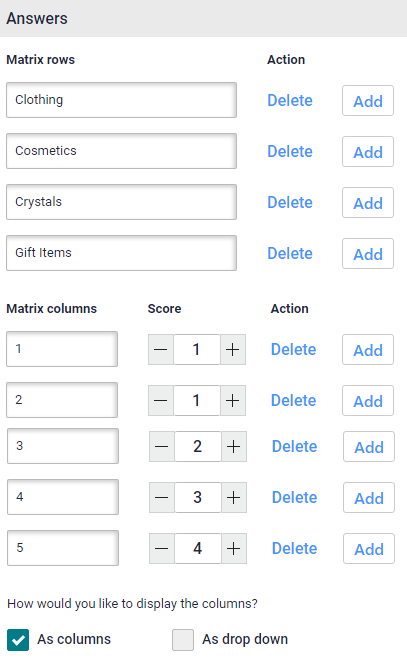 Survey matrix button. Matrix answer setting is visible