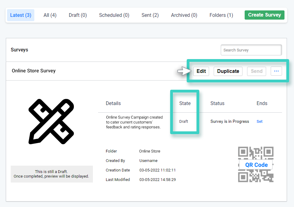 Survey creations, Survey draft mode