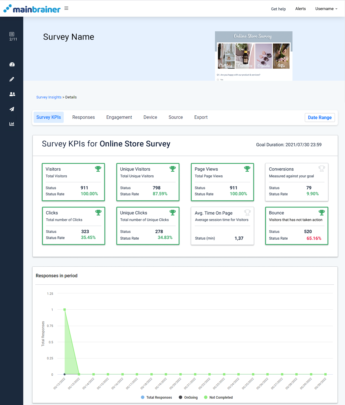 Survey insights. Data filters highlighted. Choose between engagement, device and source