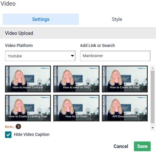 Survey video widget. Select video platform. Youtube is selected