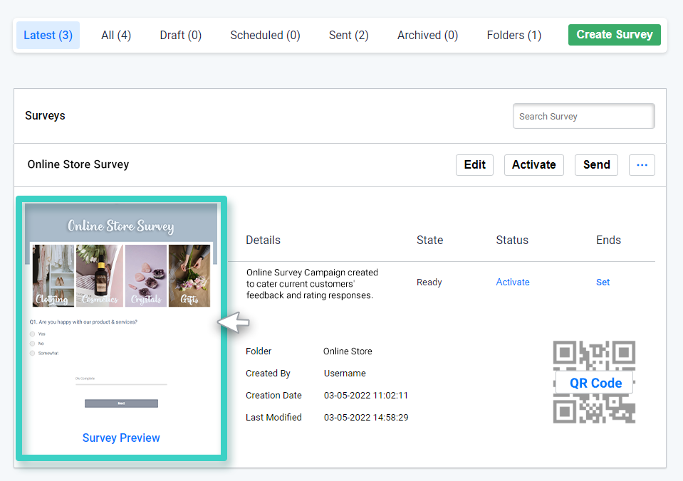 Survey creations, Survey preview is highlighted