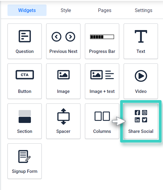 Survey creator social media widget for facebook, instagram, linkedin and twitter