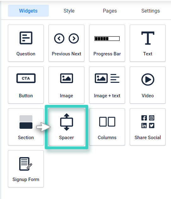 Survey creator drag and drop spacer widget