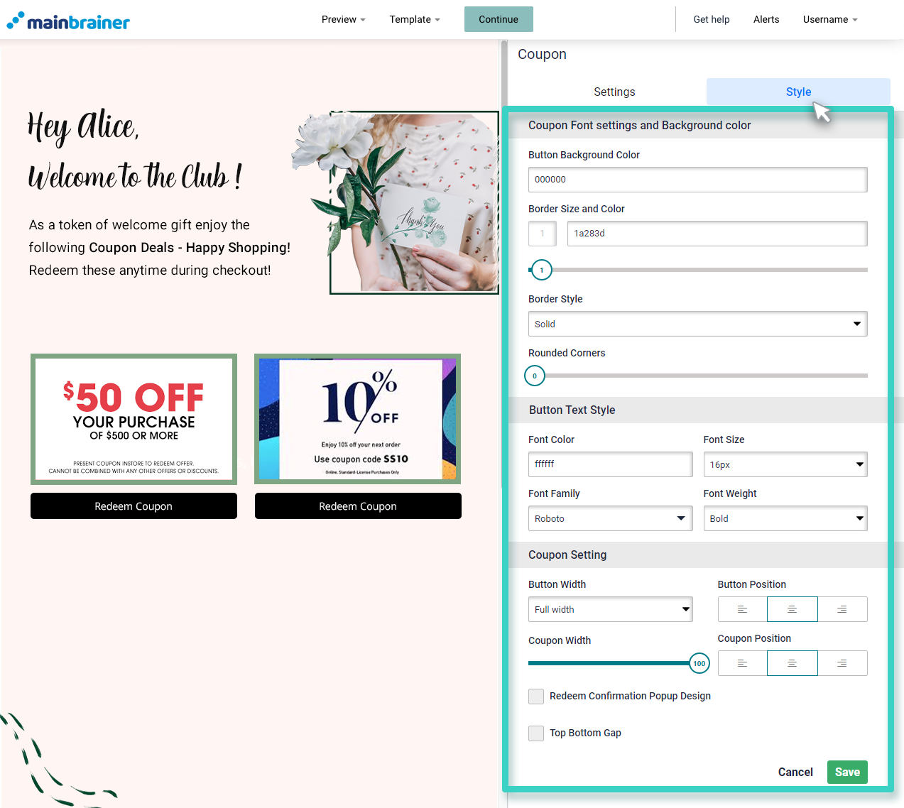 Landing page widget coupon styling