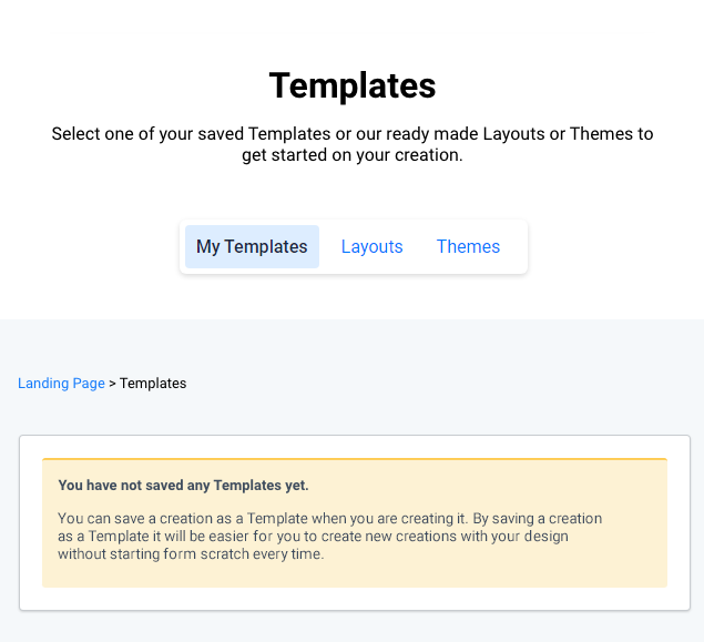 New landing page, templates. There is a no saved templates message