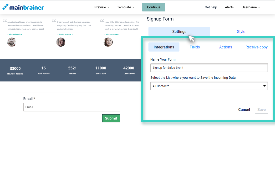 Customer signup rules, signup form settings. Integrations tab