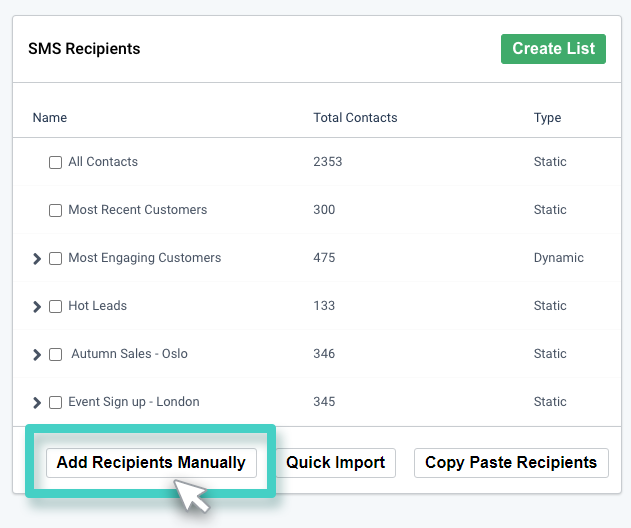 SMS campaign recipients. Add recipients manually button highlighted
