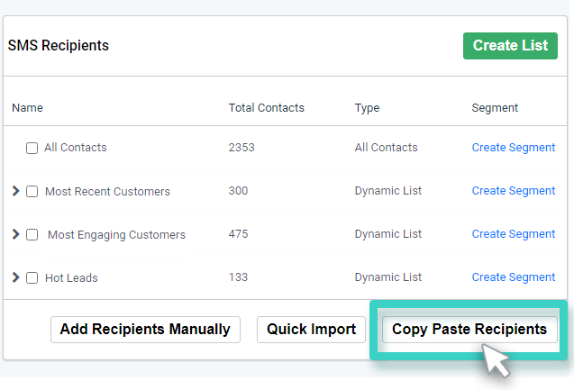 SMS Copy Paste Recipients. Copy Paste option is highlighted